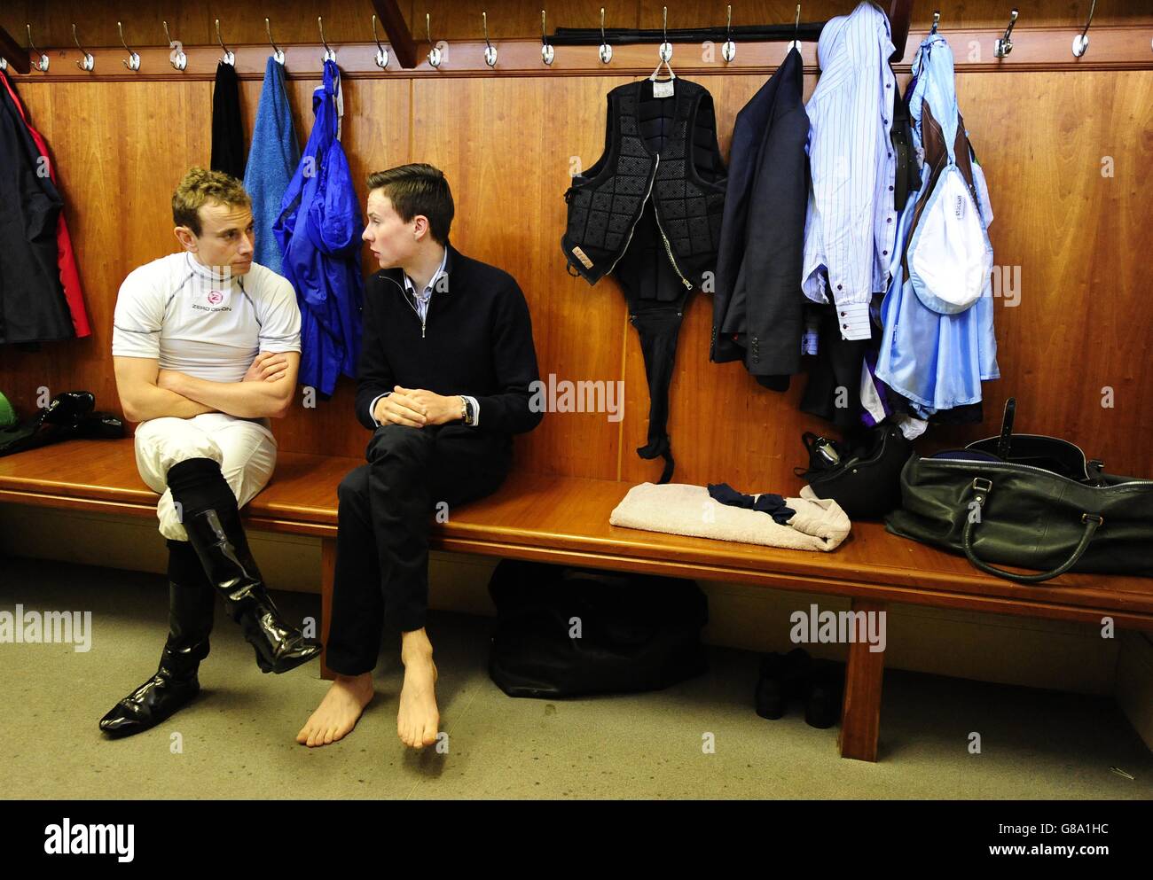 Jockeys Ryan Moore and Joseph O'Brien in the Weighroom during the Juddmonte Beresford Stakes-Irish Pony Club Day at Curragh Racecourse, County Kildare. Stock Photo