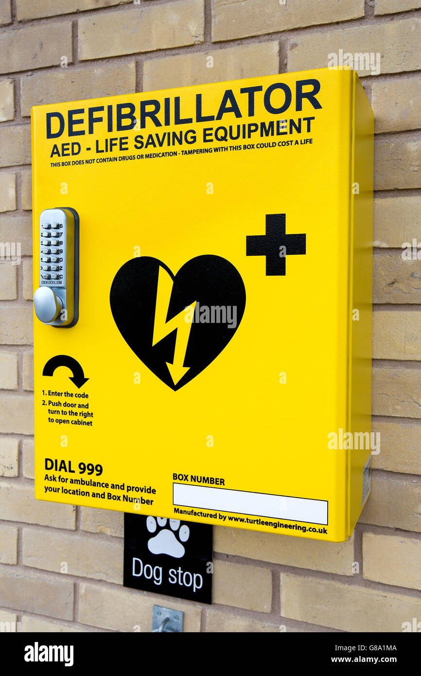 Medical Defibrillator outside a Co-operative Food Store in Nottingham, UK Stock Photo