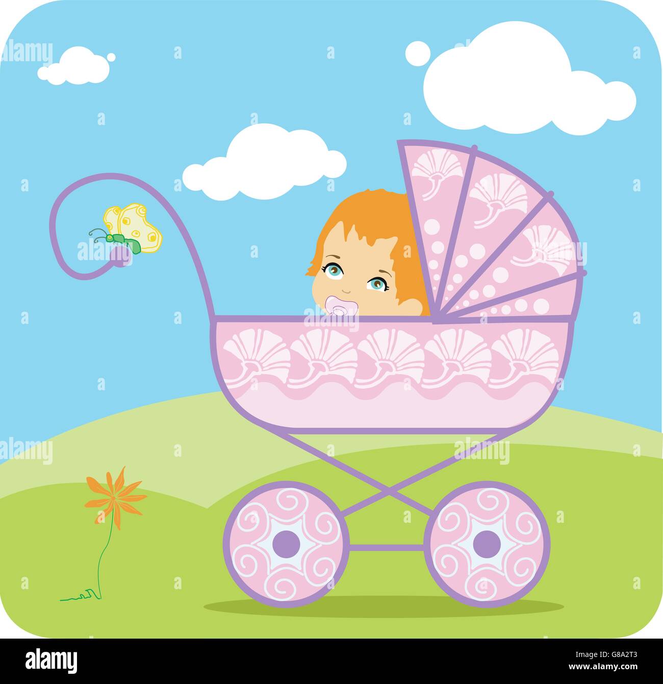 Baby peeking out from a baby carriage Stock Vector