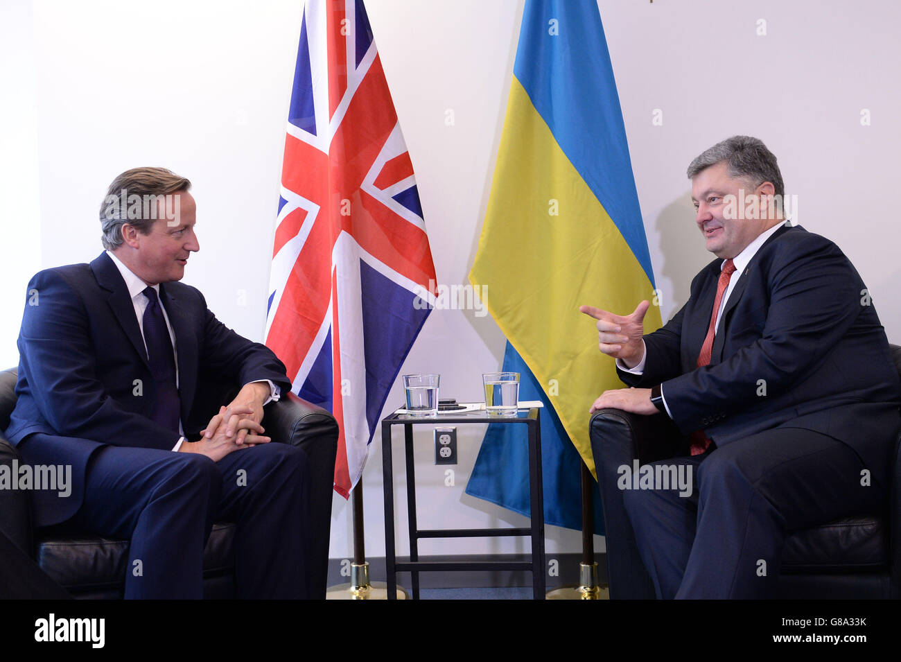 Prime Minister David Cameron (left) holds a bilateral meeting with Ukrainian President Petro Poroshenko at the United Nations General Assembly in New York. Stock Photo