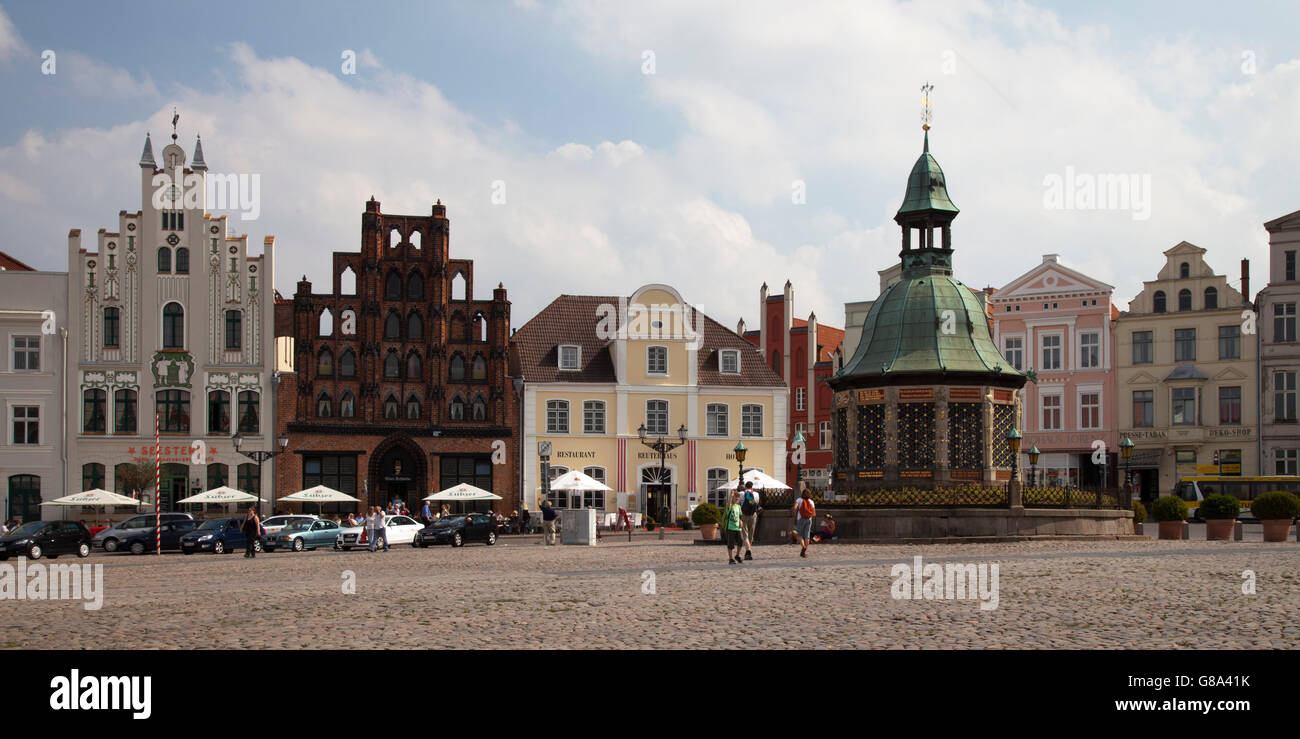 Gabled houses and Wasserkunst well building on the market, Wismar, Mecklenburg-Western Pomerania, PublicGround Stock Photo