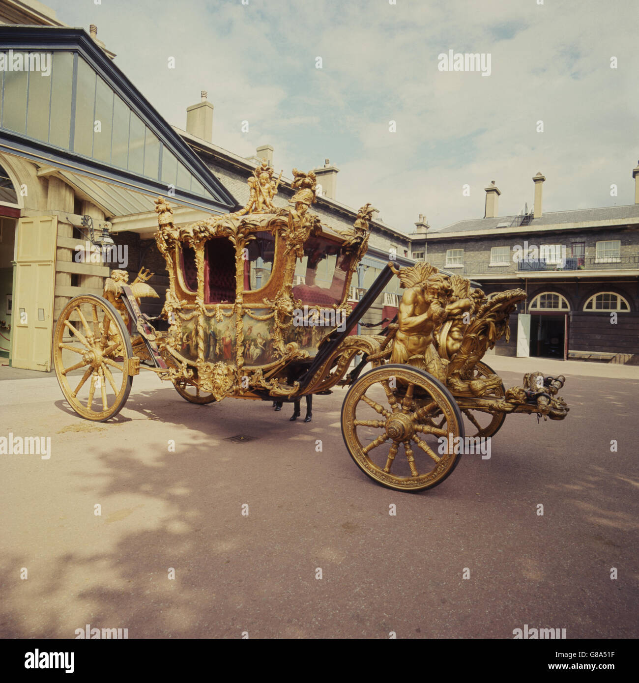 Royalty - State Coach - Royal Mews, London. The State coach pictured at the Royal Mews, London. Stock Photo