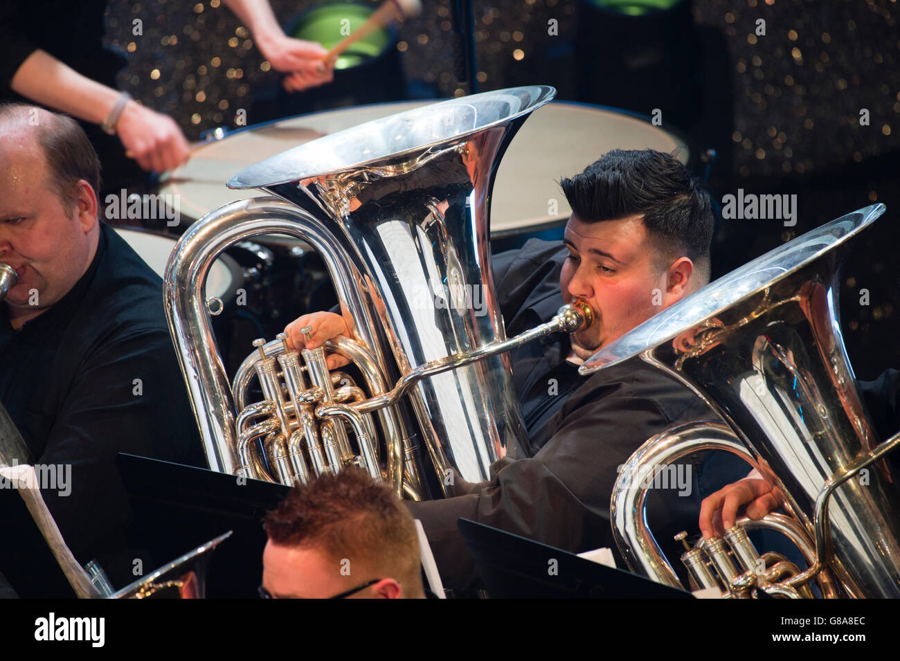 Brass band amateur musicians playing their highly polished tubas in a  concert,UK Stock Photo - Alamy