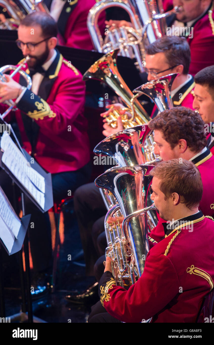 Brass band amateur musicians playing their highly polished horn