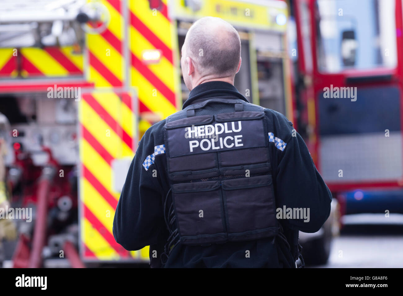 Emergency services: Police and the fire brigade attending to a small kitchen fire in a house in Aberystwyth Wales UK Stock Photo