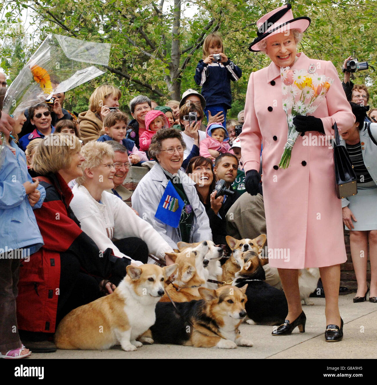 Britain's Queen Elizabeth II is greeted by local corgi enthusiasts as she departs the Legislature Building. Stock Photo
