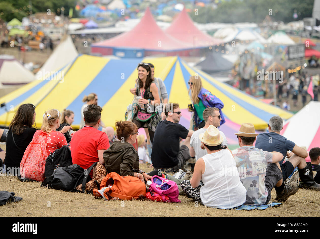 Festival goers at the Glastonbury site, at Worthy Farm, in Somerset, England Stock Photo