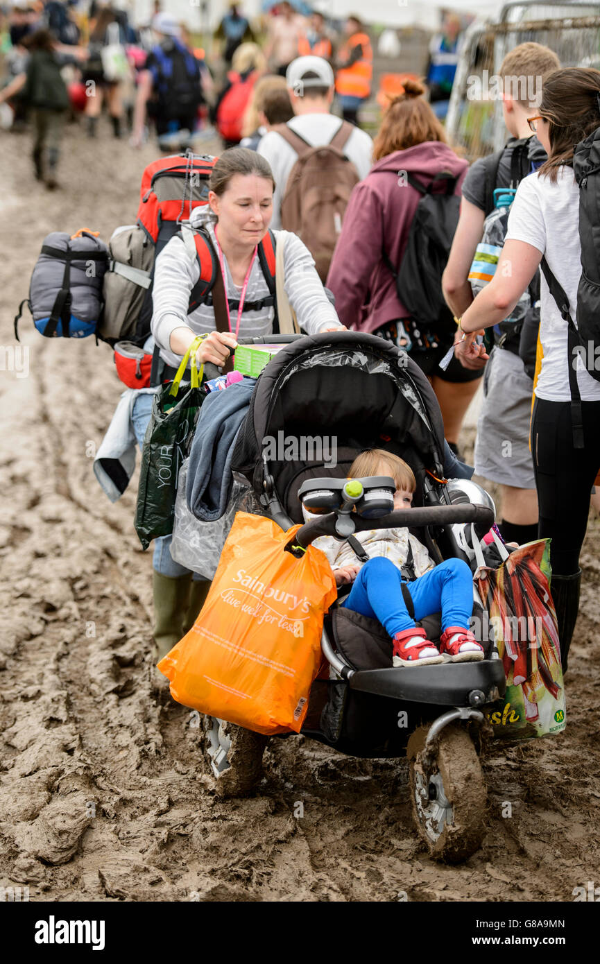 Festival goers at the Glastonbury site, at Worthy Farm, in Somerset, England Stock Photo