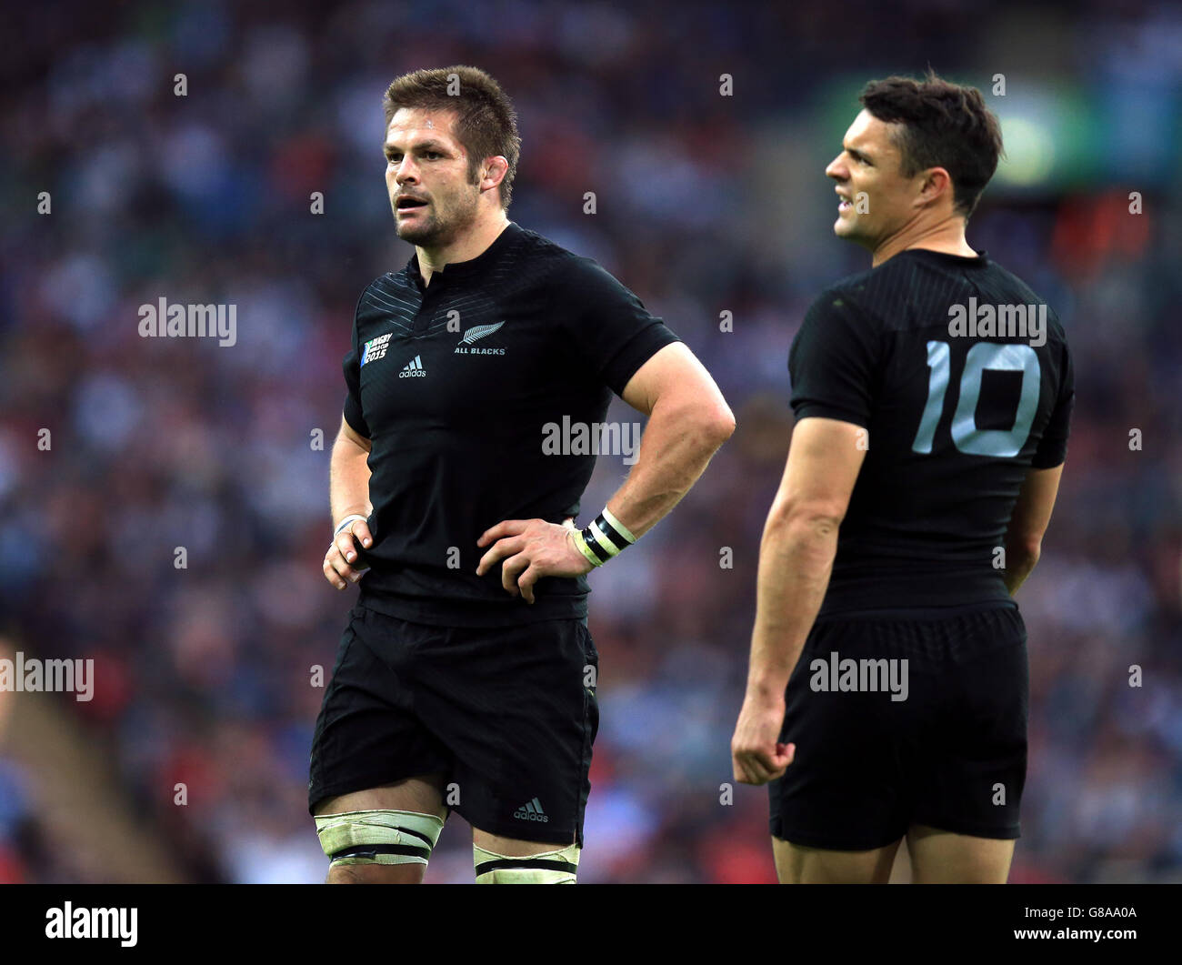 Rugby Union - Rugby World Cup 2015 - Pool C - New Zealand v Argentina - Wembley Stadium. New Zealand's Richie McCaw (left) and Dan Carter during the Rugby World Cup match at Wembley Stadium, London. Stock Photo