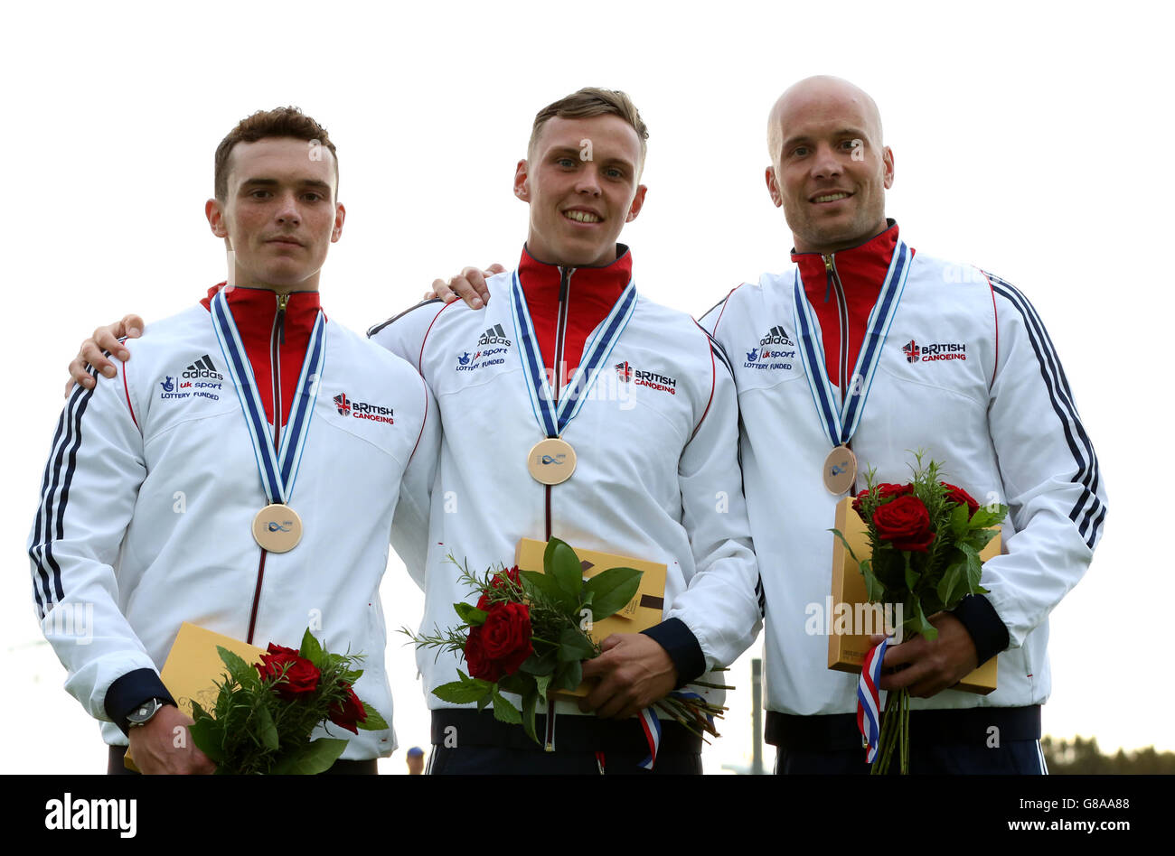 Team Great Britain celebrate winning bronze in the men's K1 Team event during day five of the 2015 ICF Canoe Slalom World Championships at Lee Valley White Water Centre, London. Stock Photo