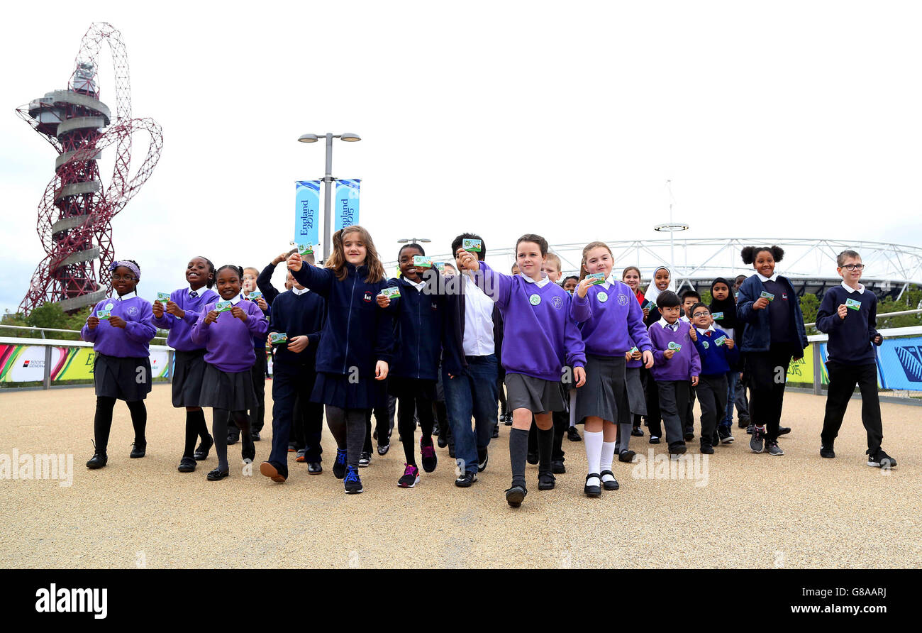 Children from Sybourn School, Manor Primary School, St. Dominic's School, Berger Primary School and Chisenhale Primary School help to launch the Beat the Street campaign, which has been set up by the National Charity Partnership, a partnership between Diabetes UK, British Heart Foundation and Tesco, at the Queen Elizabeth Olympic Park in Stratford, London. Stock Photo
