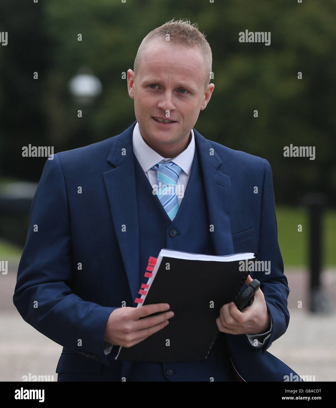 Jamie Bryson arrives at Parliament Buildings in Belfast to give evidence to Stormont's Finance Committee on the controversial sale of Nama's NI assets to a US investor. Stock Photo