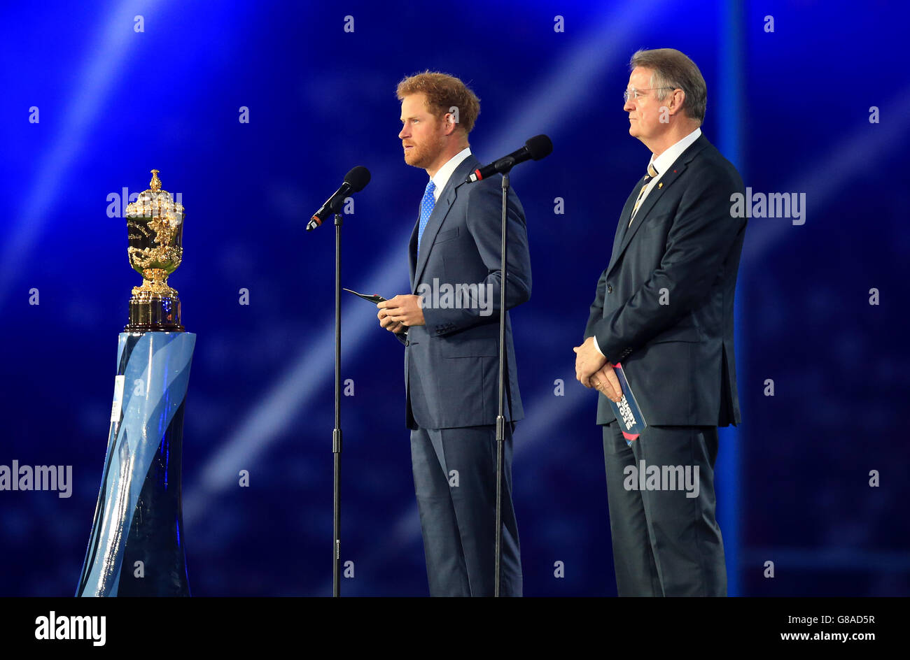Rugby Union - Rugby World Cup 2015 - Pool A - Fiji v England - Twickenham Stadium. World Rugby chairman Bernard Lapasset with Prince Harry during the opening ceremony Stock Photo
