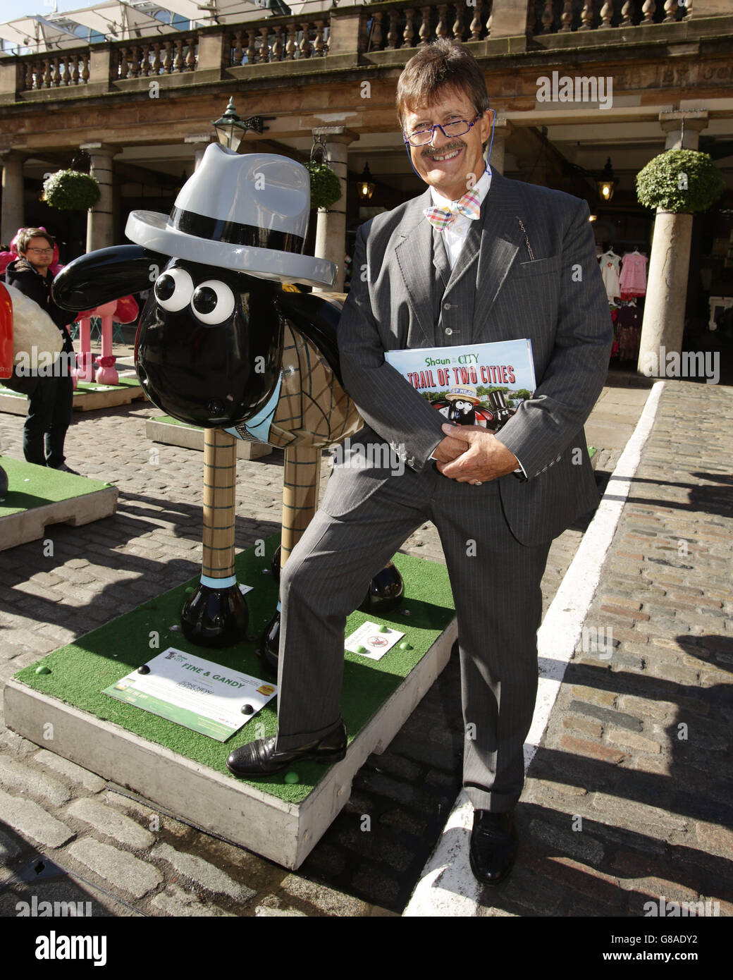 Former Bargain Hunt host Tim Wonnacott at the Shaun in the City arts campaign in Covent Garden, London, as he will be the head auctioneer. Stock Photo