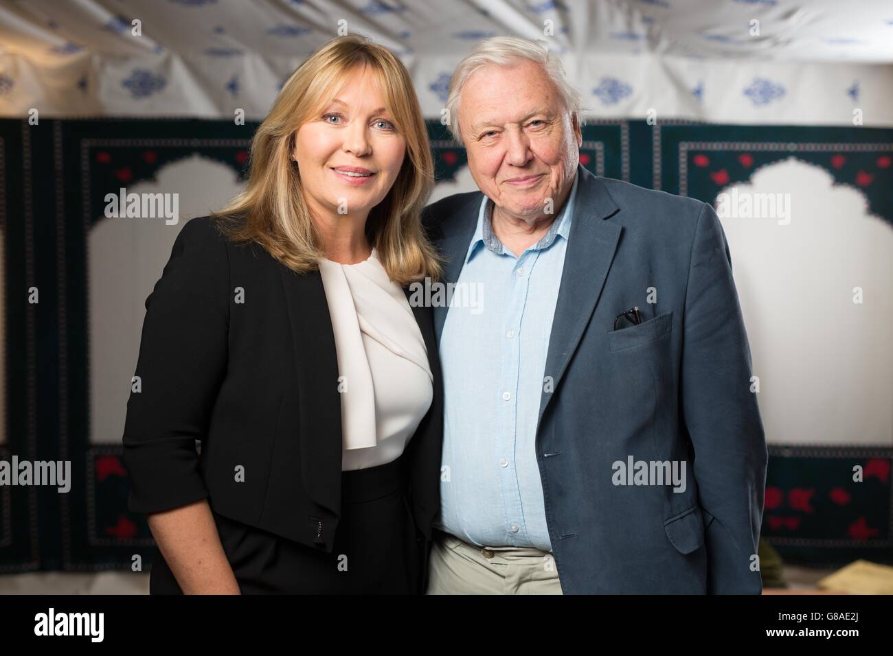 Kirsty Young and Sir David Attenborough launching the Radio Times Festival at the Green at Hampton Court Palace with a special event featuring Sir David Attenborough who now takes his place in Radio Times' inaugural Hall of Fame talking about his 60 years in broadcasting. Stock Photo
