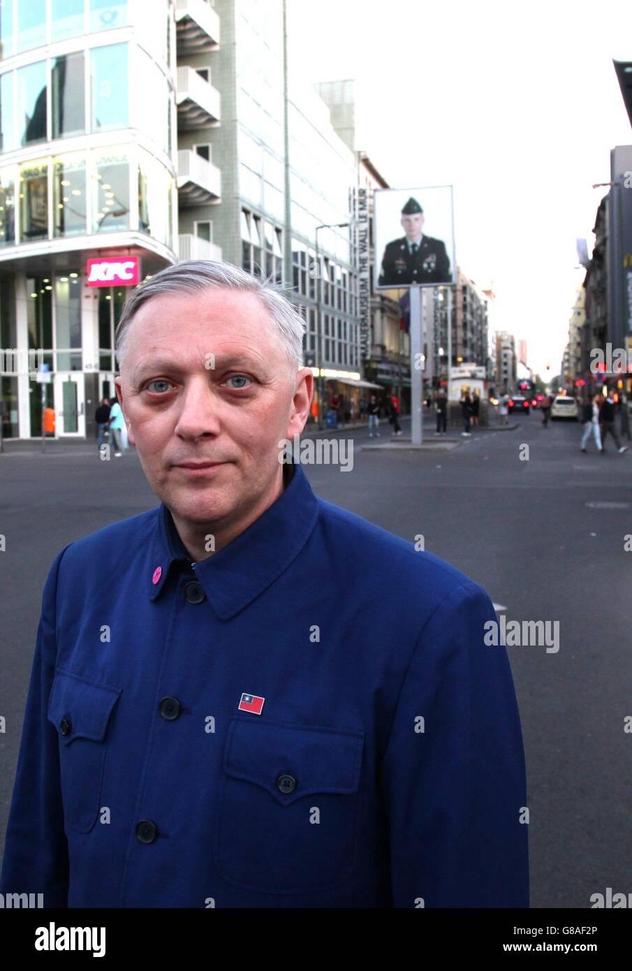 Music producer Mark Reeder on 7 May 2016 at Checkpoint Charlie in Berlin |  usage worldwide Stock Photo - Alamy
