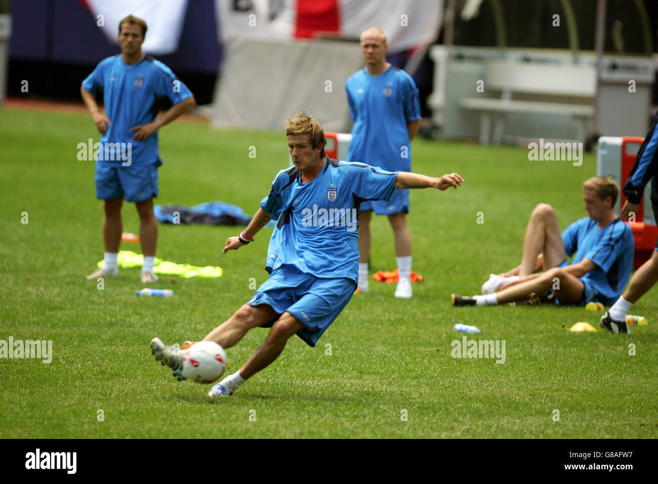 England's David Beckham practices freekicks during training Stock