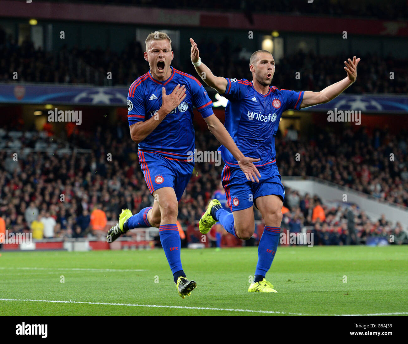 Olympiacos' Alfred Finnbogason celebrates after scoring their third goal Stock Photo