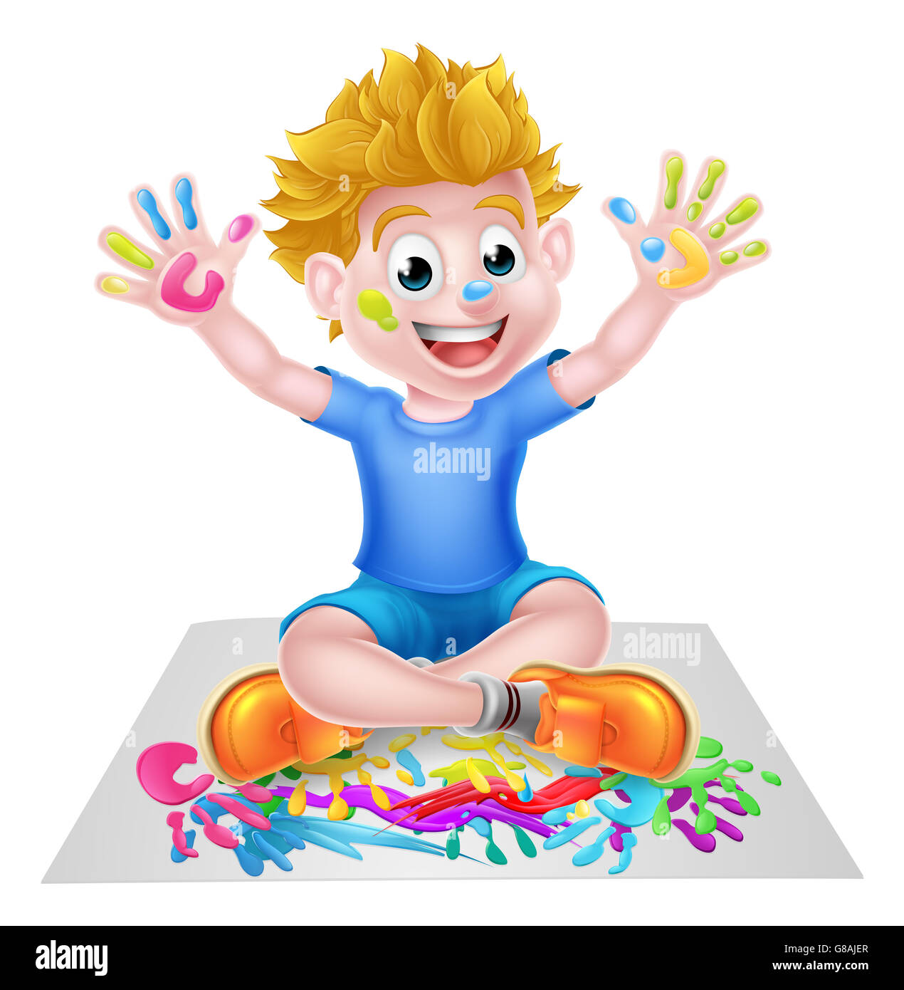 A happy cartoon little boy being creative playing with paint Stock Photo