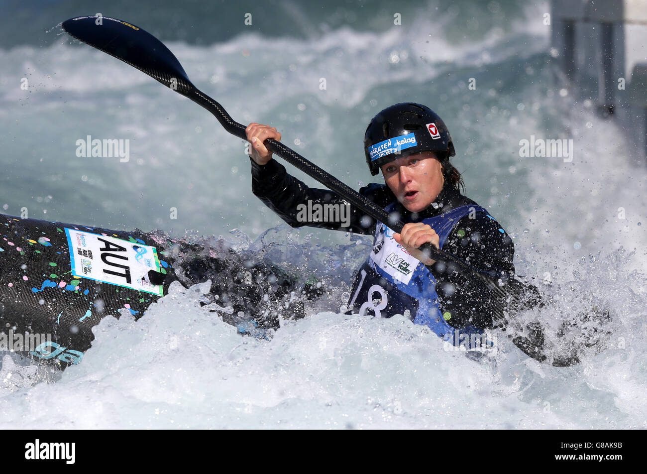 Austria's Lisa Leitner during the Semi-Final of the women's K1 during day four of the 2015 ICF Canoe Slalom World Championships at Lee Valley White Water Centre, London. PRESS ASSOCIATION Photo. Picture date: Saturday September 19, 2015. See PA story CANOEING World. Photo credit should read: Simon Cooper/PA Wire. Stock Photo
