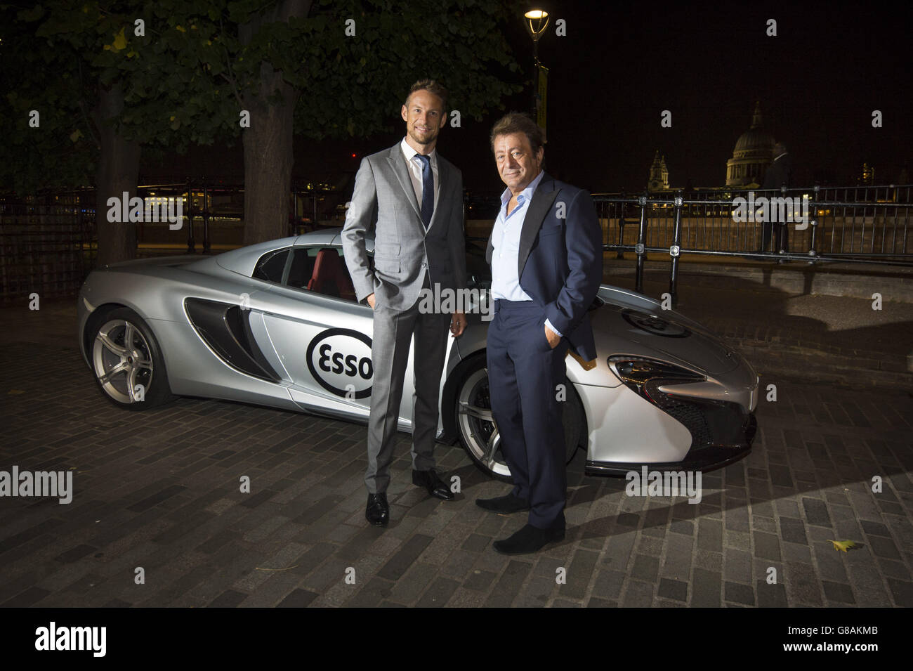 EDITORIAL USE ONLY Jenson Button and Jeff Wayne (right) attending the Esso Synergy Fuels launch at the Underglobe in London. Stock Photo