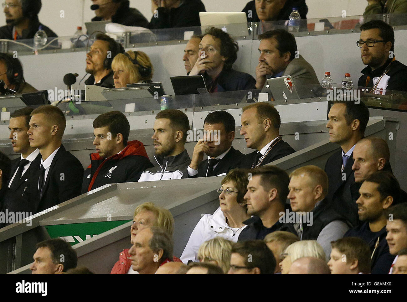 Liverpool's James Milner and Jordan Henderson in the stands during the UEFA Europa League match at Anfield, Liverpool. Stock Photo