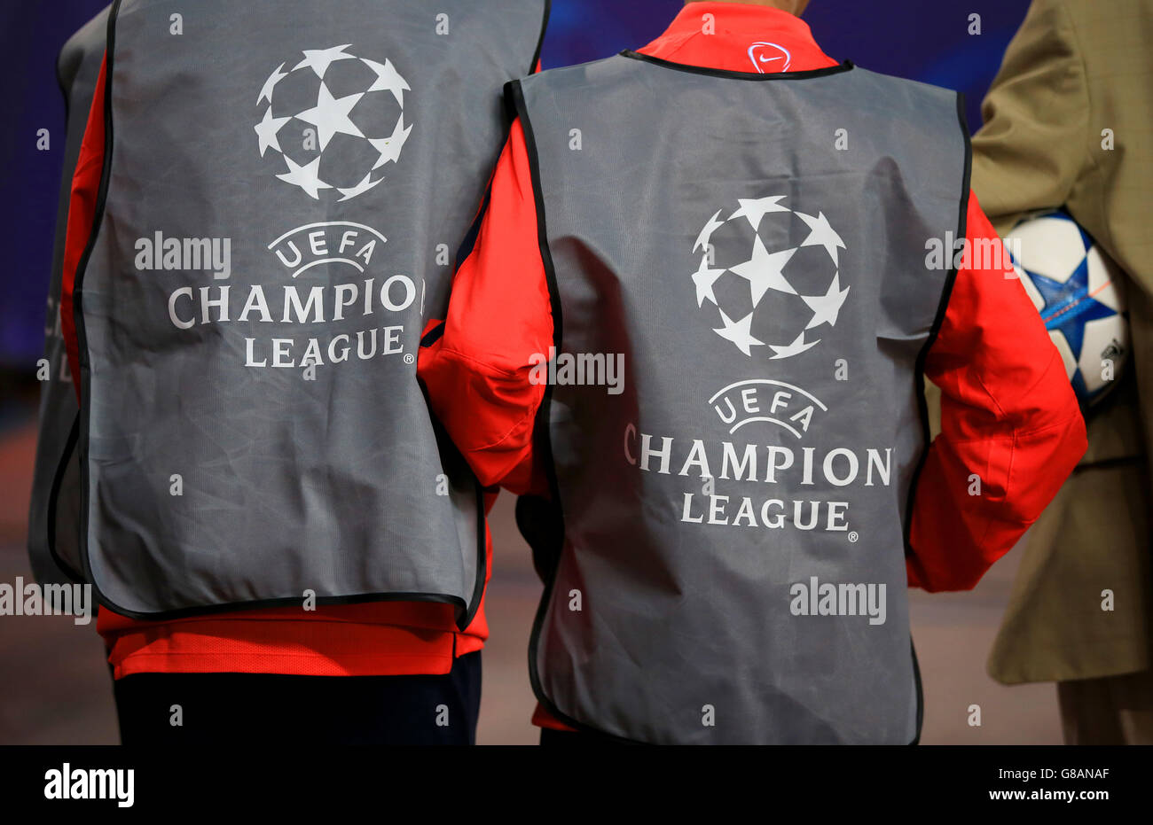 Soccer - UEFA Champions League - Group C - Atletico Madrid v SL Benfica's - Vicente Calderon. Ball Boyswear UEFA Champions League jackets at Atletico Madrid game against SL Benfica's Stock Photo