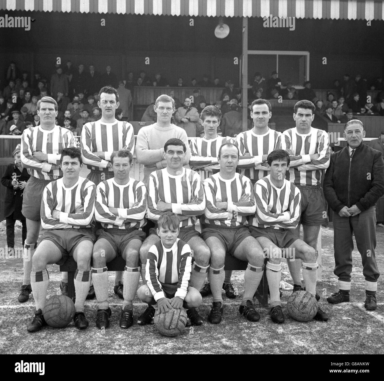 Members of Altrincham FC, the Cheshire league side due to meet  Wolverhampton Wanderers in the third round of the FA Cup. Back row (l-r): J  Brown, N Dewar, G Smith, F Peters
