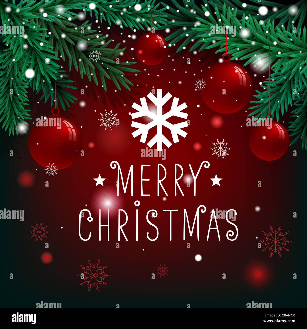 Merry Christmas lettering on background with fir branches and balls ...