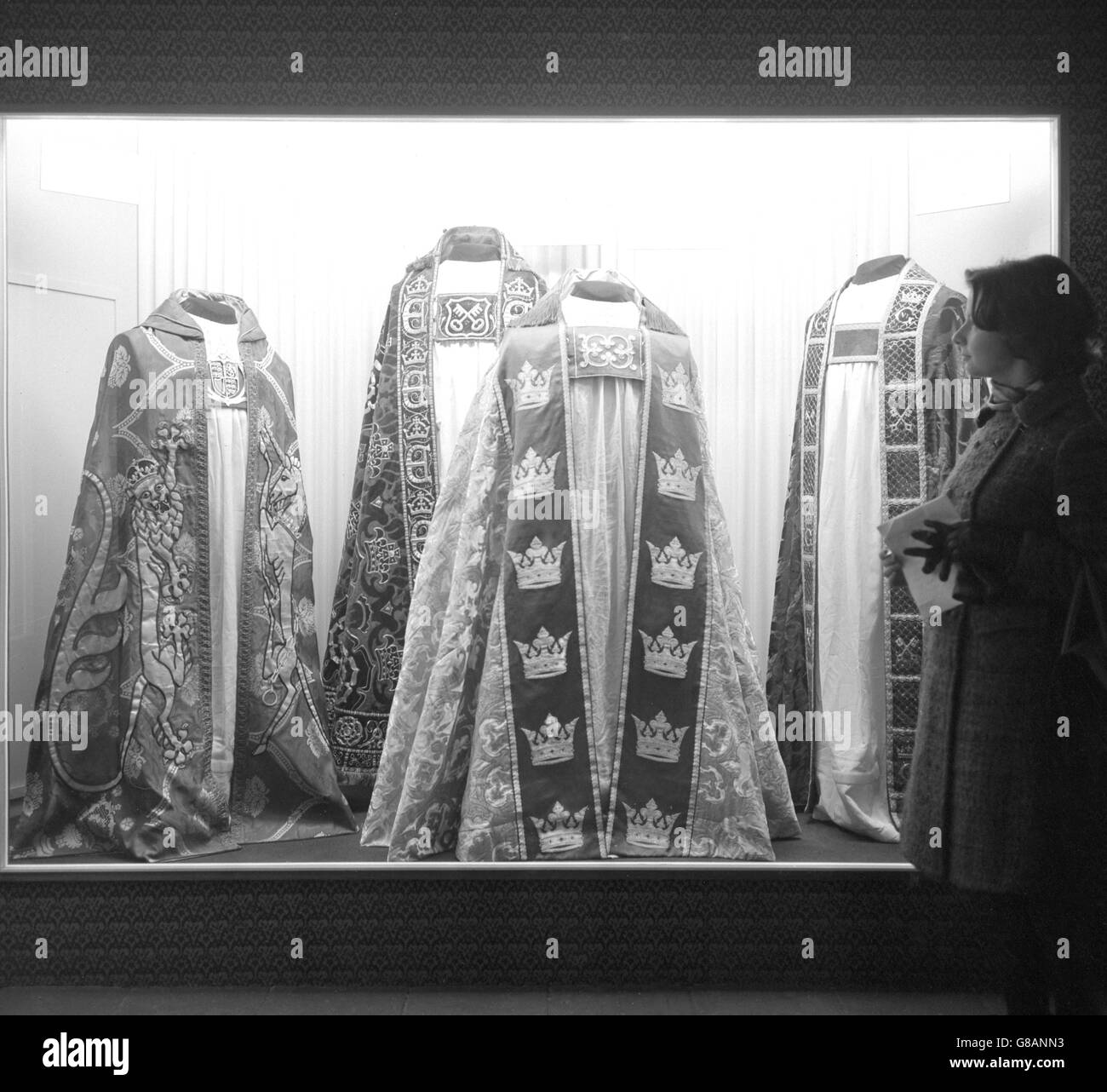 Abbey Treasures Exhibition - Westminster Abbey, London. Ecclesiastical capes on displays at 'The Abbey Treasures' exhibition at Westminster Abbey. Stock Photo