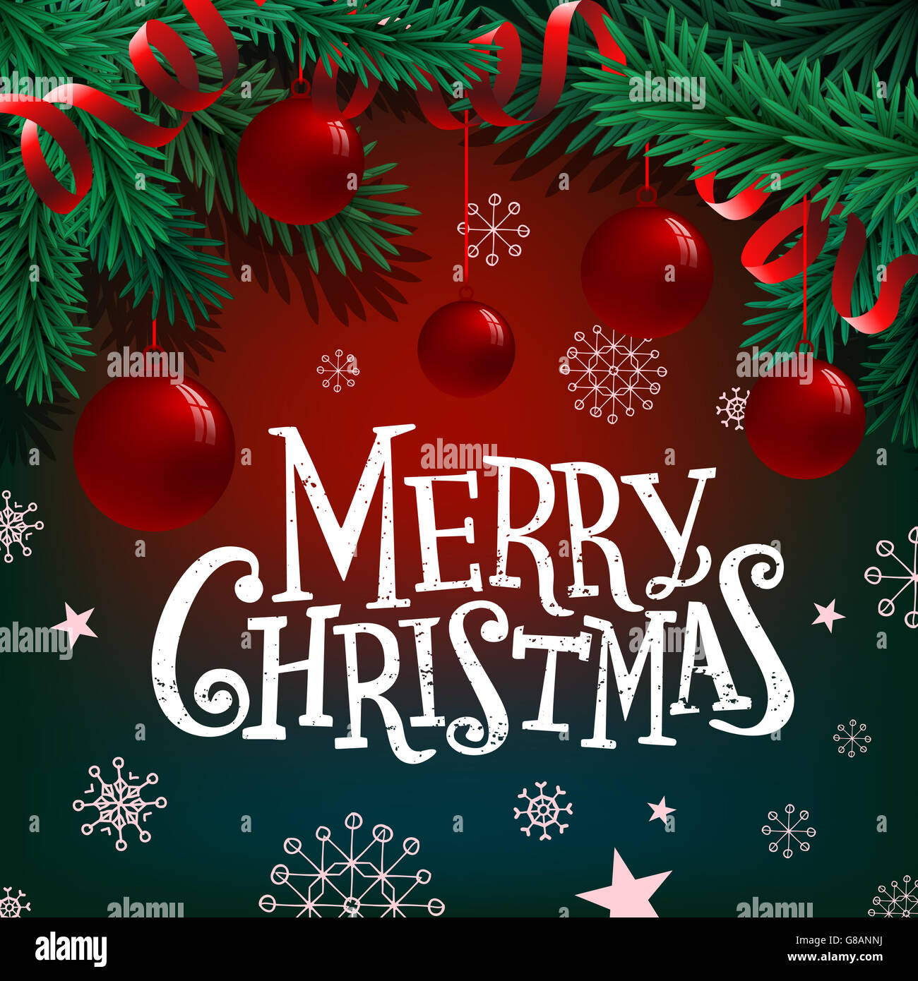 Merry Christmas lettering on background with fir branches and balls ...