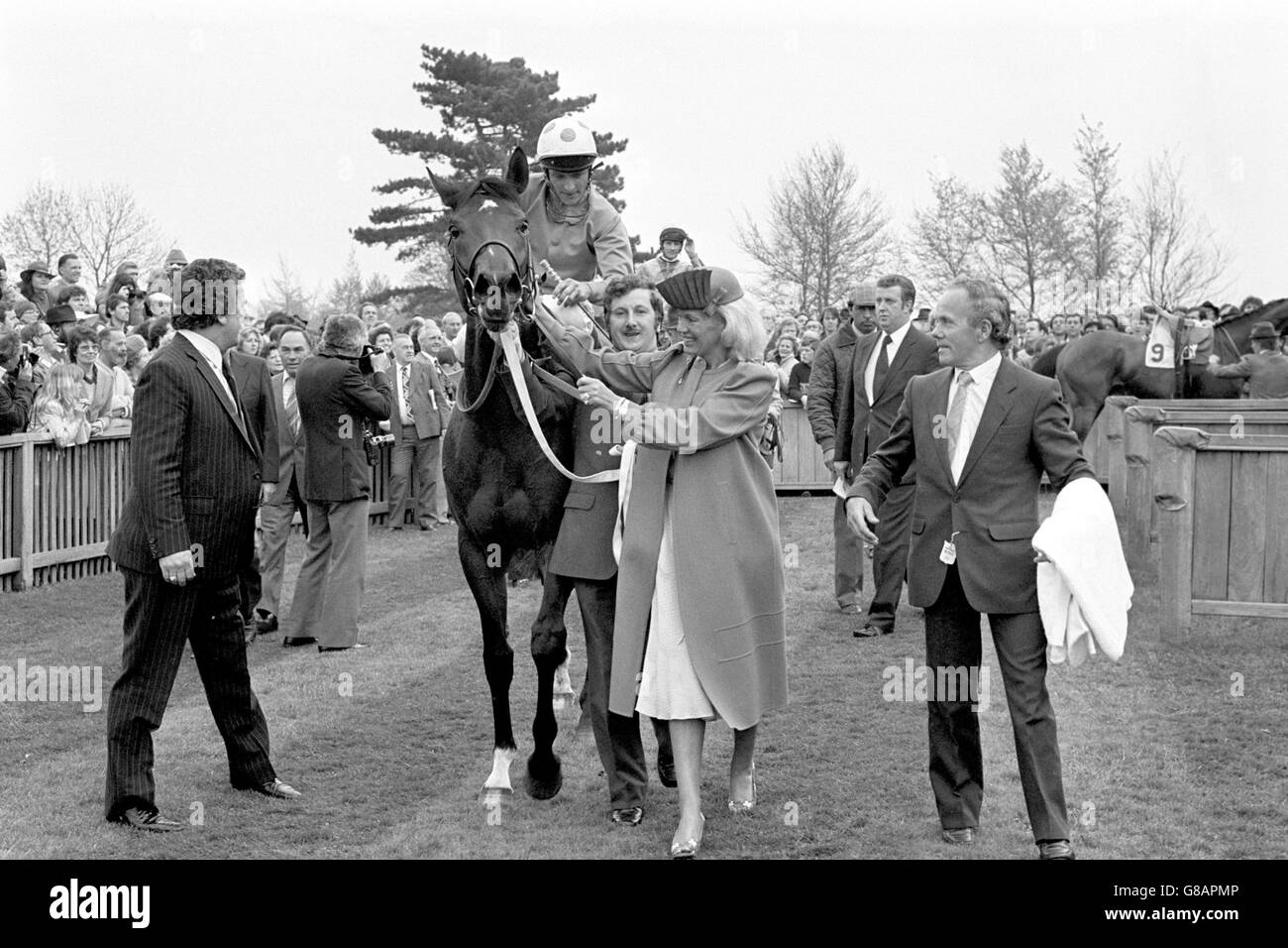 El Gran Senor, Pat Eddery up, is led into the winner's enclosure after coming home first in the 2000 Guineas Stock Photo