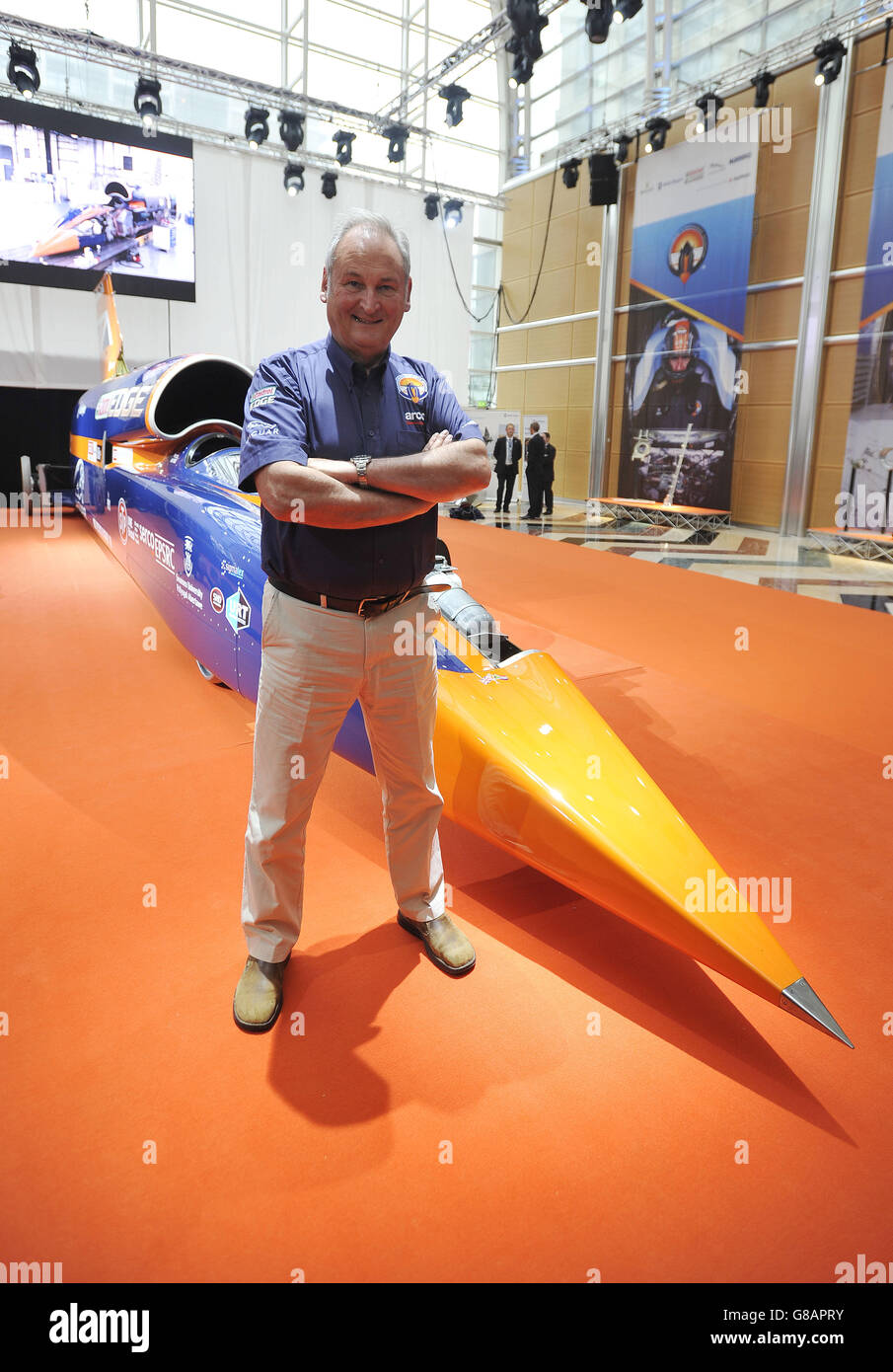 Project director Richard Noble stands with the Bloodhound SSC