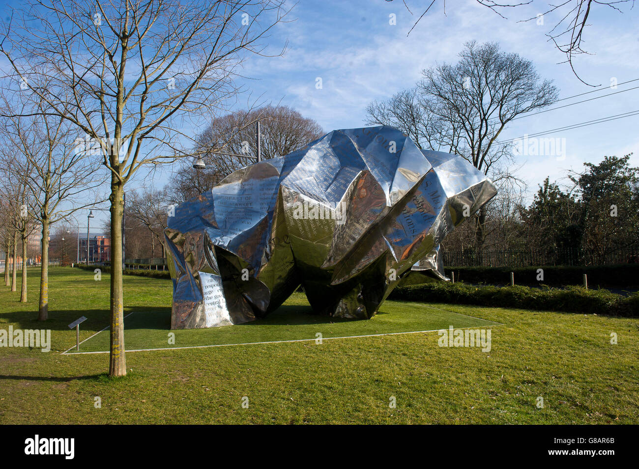 France - Lyon, a city crossed by two rivers Saone and Rhone region of Auvergne-Rhône-Alpes. Sculpture of Wang Du 'world Marckets, 2004' in front of the art museum Stock Photo