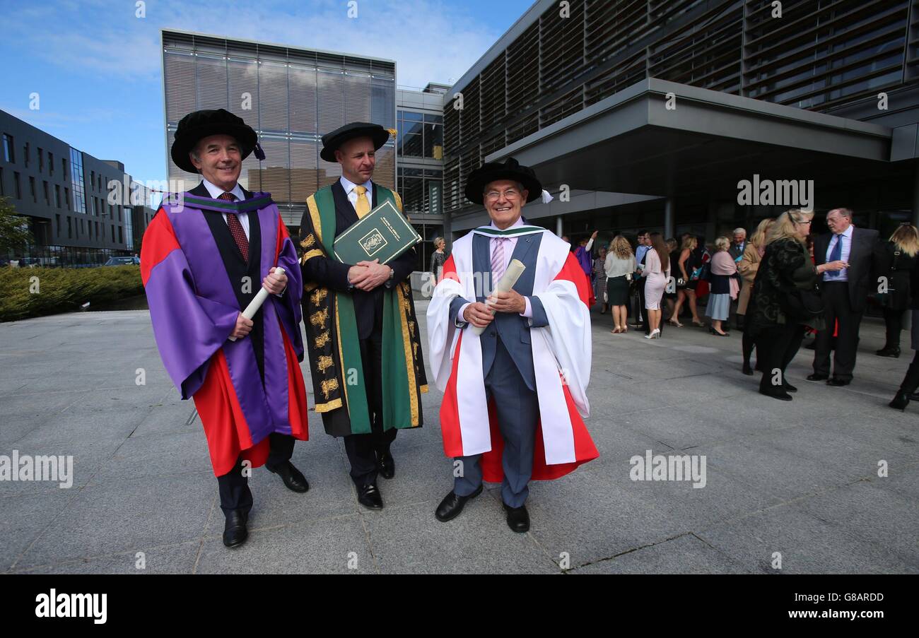 Maynooth University President Professor Philip Nolan (centre) with concentration camp survivor Tomi Reichental (right) and former Mountjoy Prison governor John Lonergan, who were among five recipients of honorary doctorates at a ceremony at NUI Maynooth University, Co. Kildare, Ireland. Stock Photo