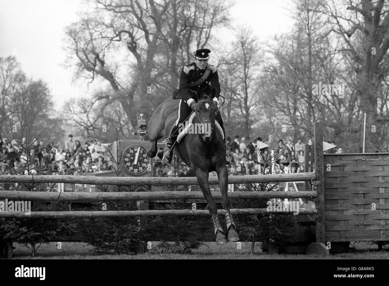 Lt. Mark Phillips, 1st The Queen's Dragoon Guards, riding Great Ovation at the Badminton Horse trials. Stock Photo