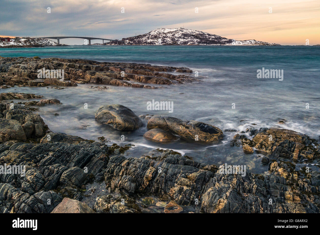 Coastline of Kvaløya island with Sommarøy island, Norway Stock Photo
