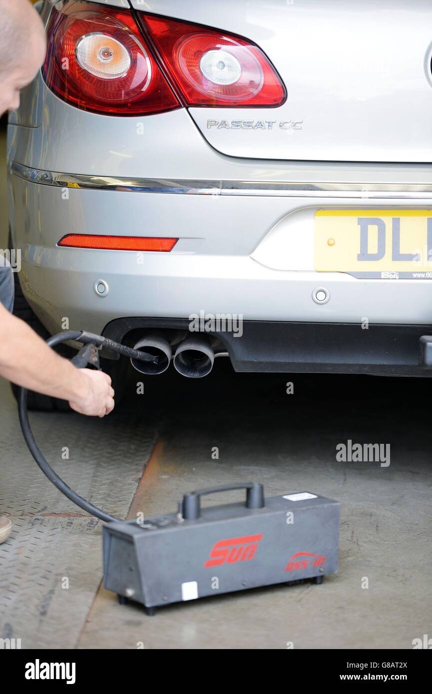 A Volkswagen Passat CC car is tested for its exhaust emissions at