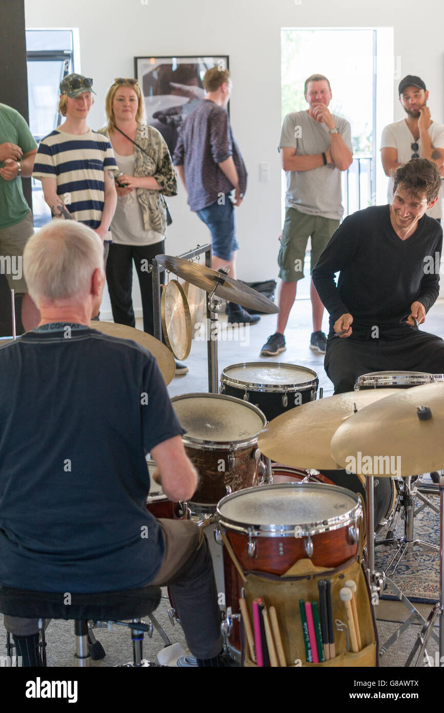 Jazz drum battle, Danish jazz drummers Alex Riel and Stefan Pasborg ...