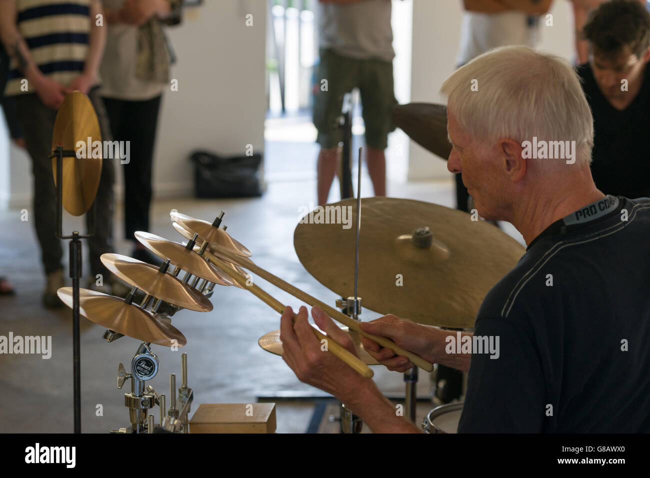 Jazz drum battle, Danish jazz drummers Alex Riel and Stefan Pasborg ...