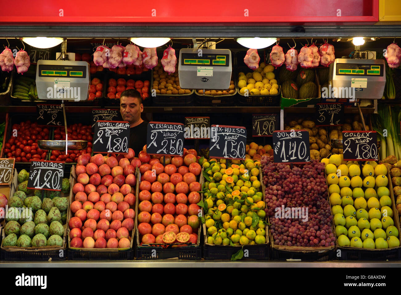 fruiterer, covered market Mercado de Atarazanas, Malaga, Costa del Sol, Andalusia, Spain Stock Photo