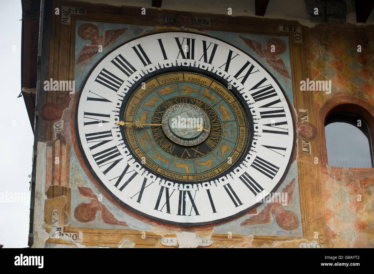Italy, Lombardy, Clusone, Astronomic clock set into the facade of the town hall in 1583 by Pietro Fanzago Stock Photo