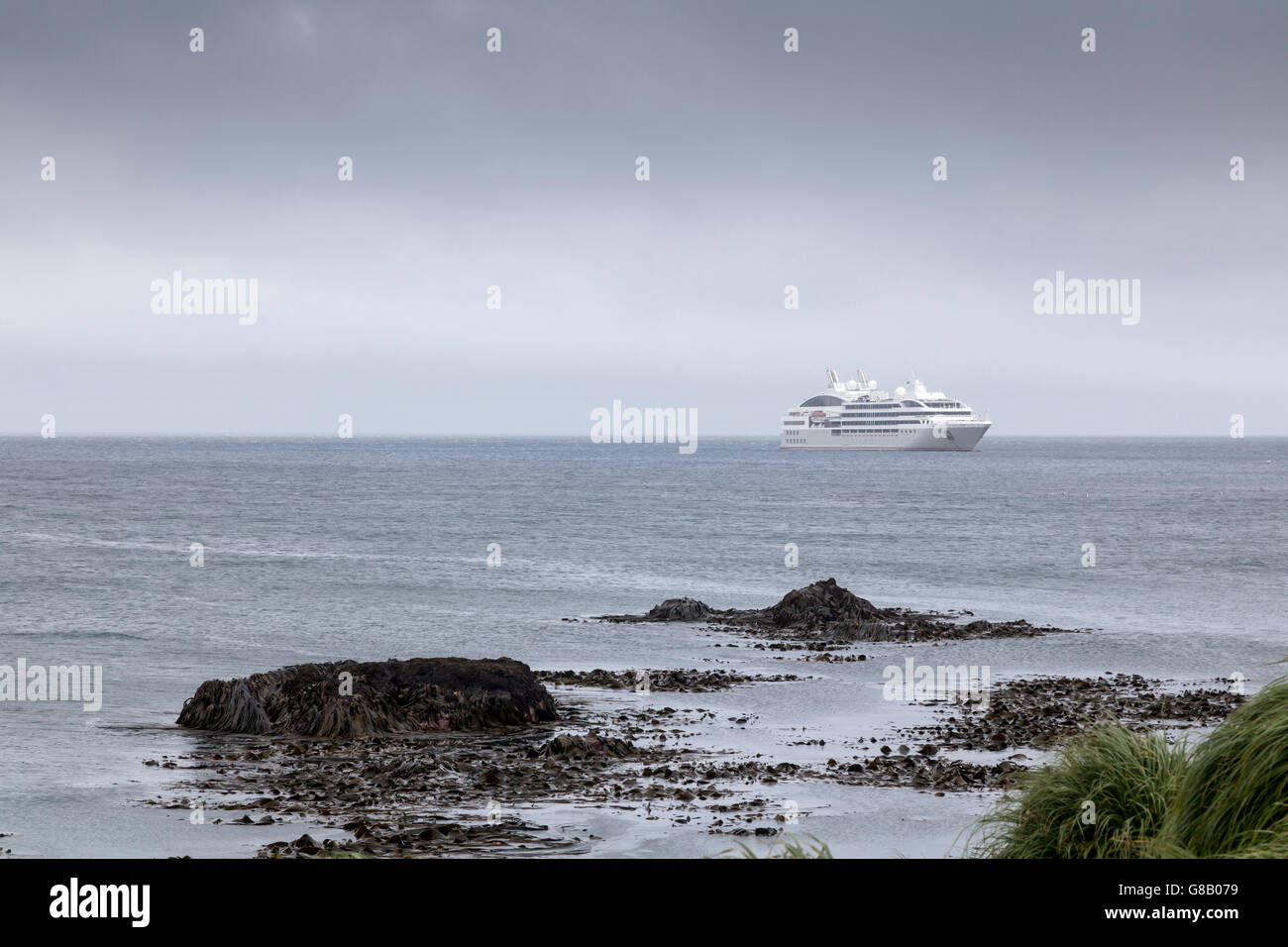 French expeditrion ship Le Soleal anchored off Macquarie Island, Australian sub-Antarctic Stock Photo