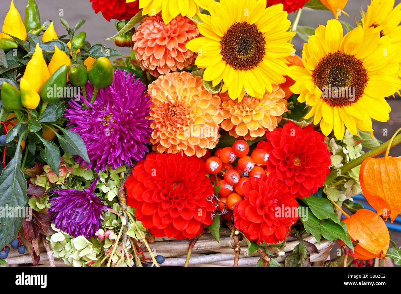 Decoration of a mixture of various flowers, natural background Stock Photo