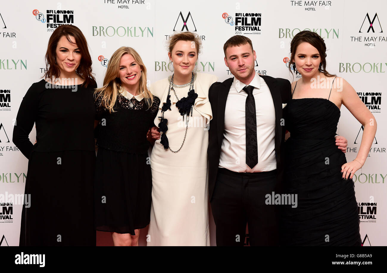 (L-R) Eve Macklin, Eva Birthistle, Saoirse Ronan, Emory Cohen and Eileen O'Higgins attending the official screening of Brooklyn during the 59th BFI London Film Festival at the Odeon Leicester Square, London. PRESS ASSOCIATION Photo. See PA story SHOWBIZ Brooklyn. Picture date: Monday October 12th, 2015. Photo credit should read: Ian West/PA Wire Stock Photo
