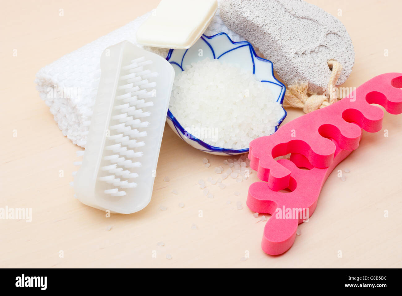 Foot nails care and cosmetics. Pedicure accessories set tools close up