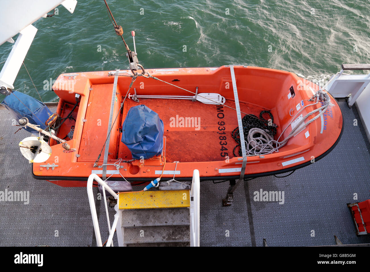 lifeboat on board a car ferry sailing across the English Channel Stock