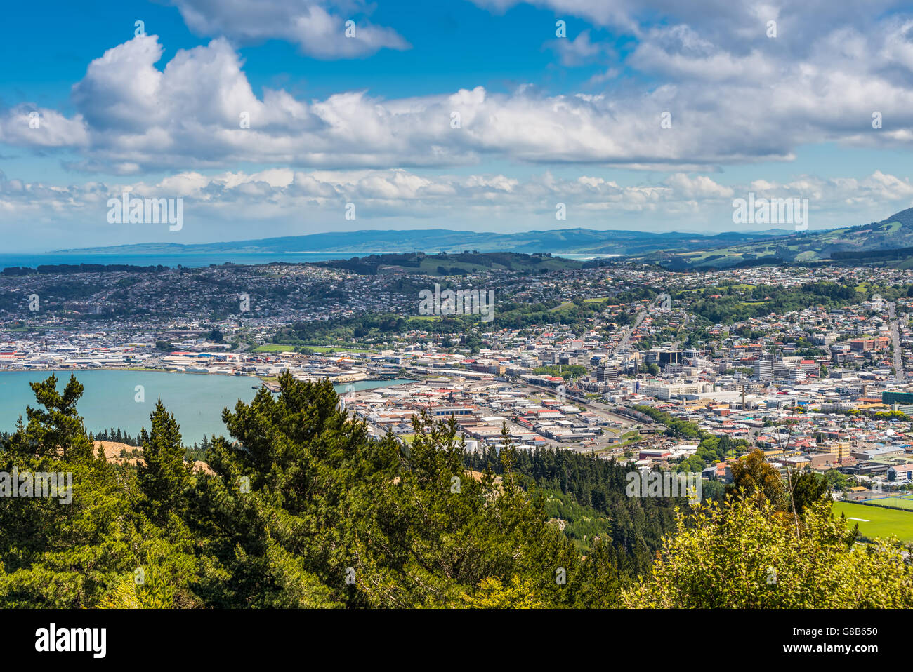 Views towards the city from the lookout at the Centennial Memorial on Signal Hill Dunedin Otago South Island New Zealand Stock Photo