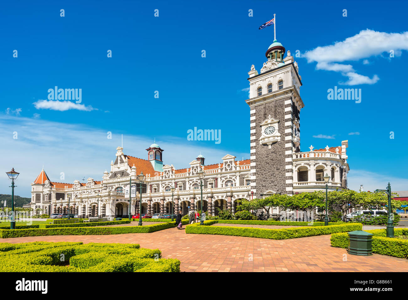 Dunedin railway station on a sunny day, built 1906 in a revived Flemish renaissance style Stock Photo