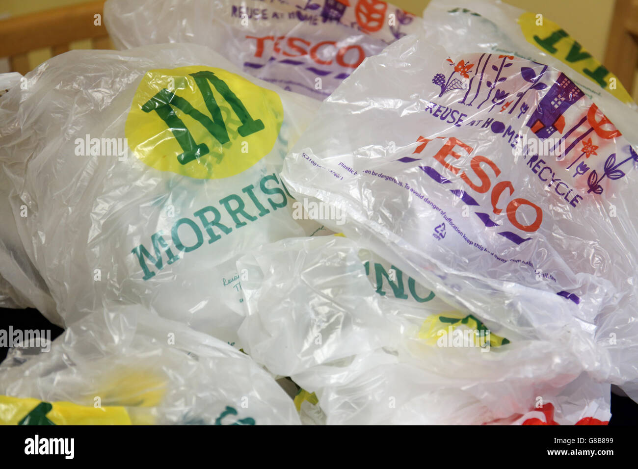 Supermarket plastic bags, as English shoppers face a 5p charge for